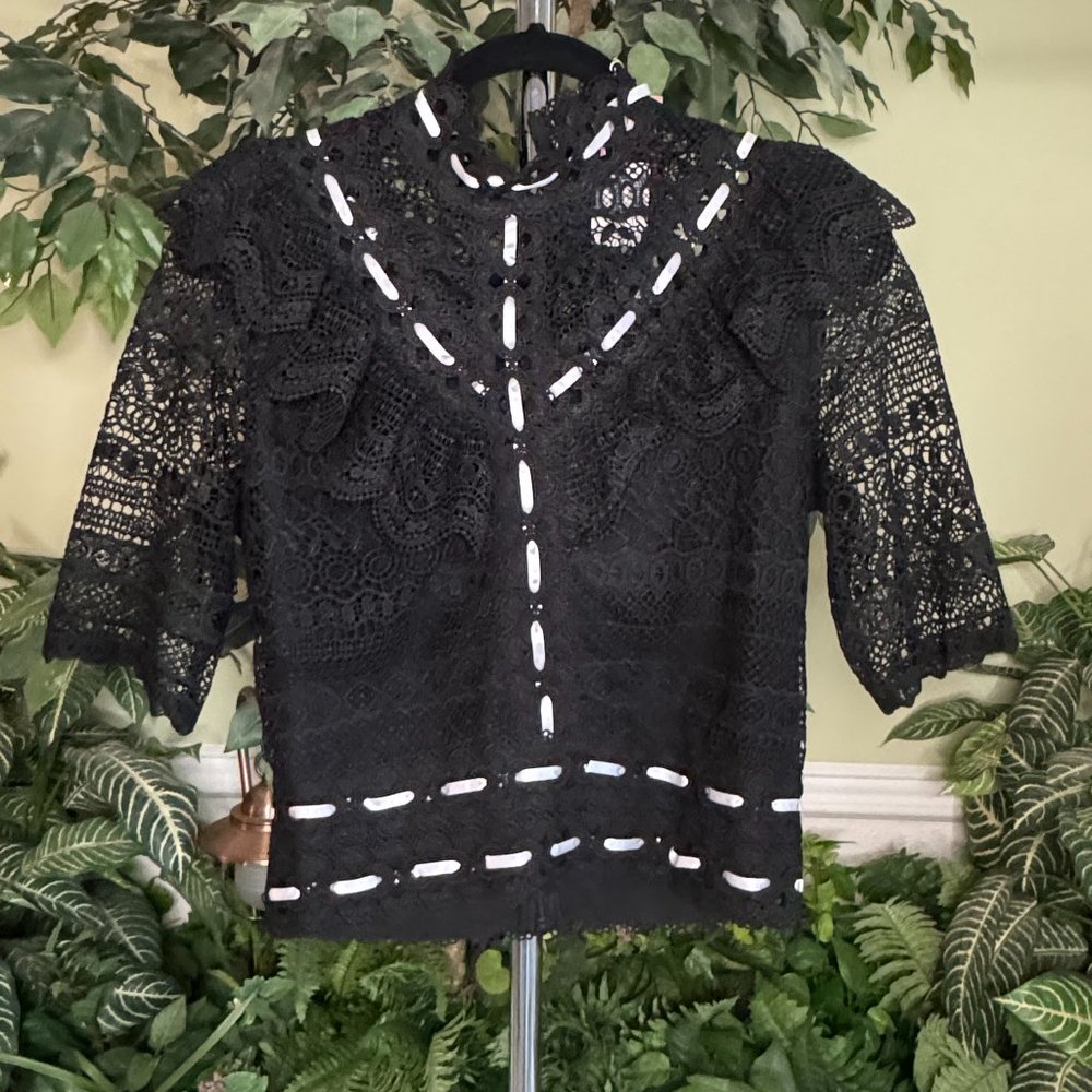 Short Sleeve Black Lace with White Trim Top